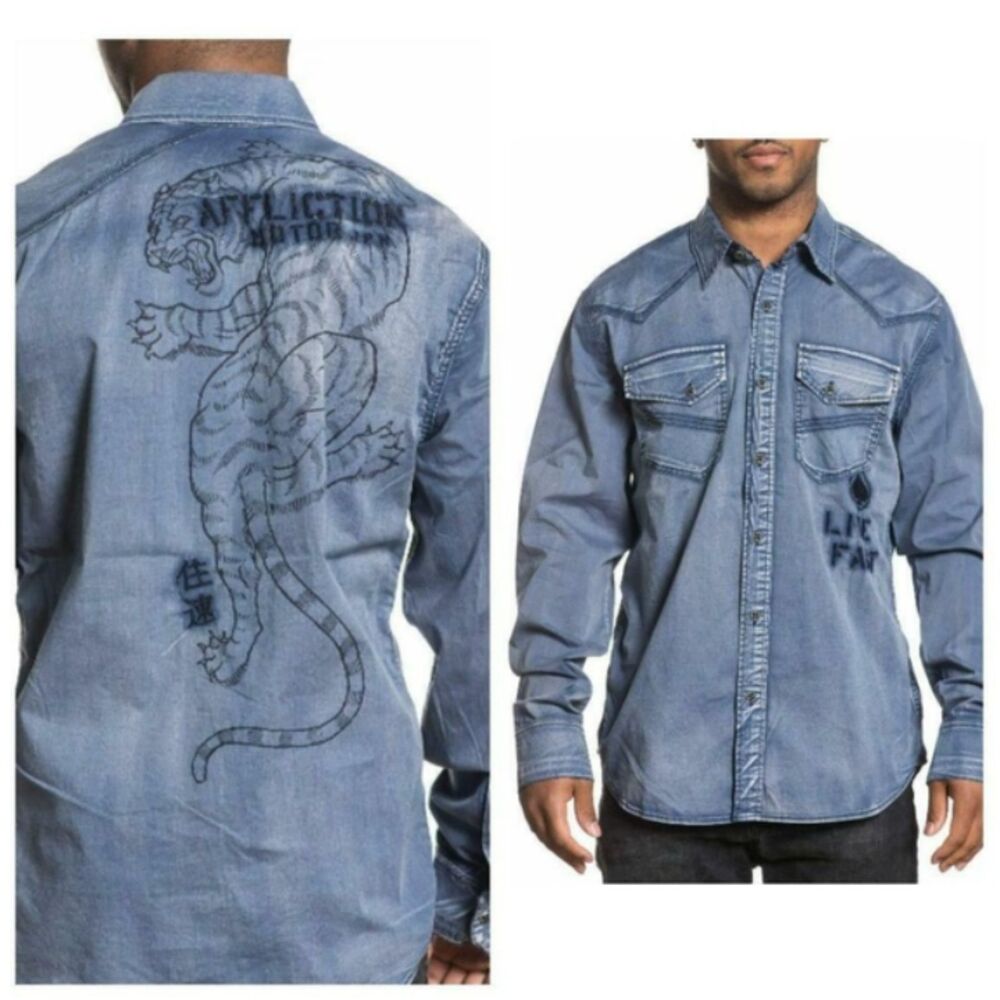 Affliction Shirt Men XL Button Up Blue Chambray Embroidered Tiger Japan Western
